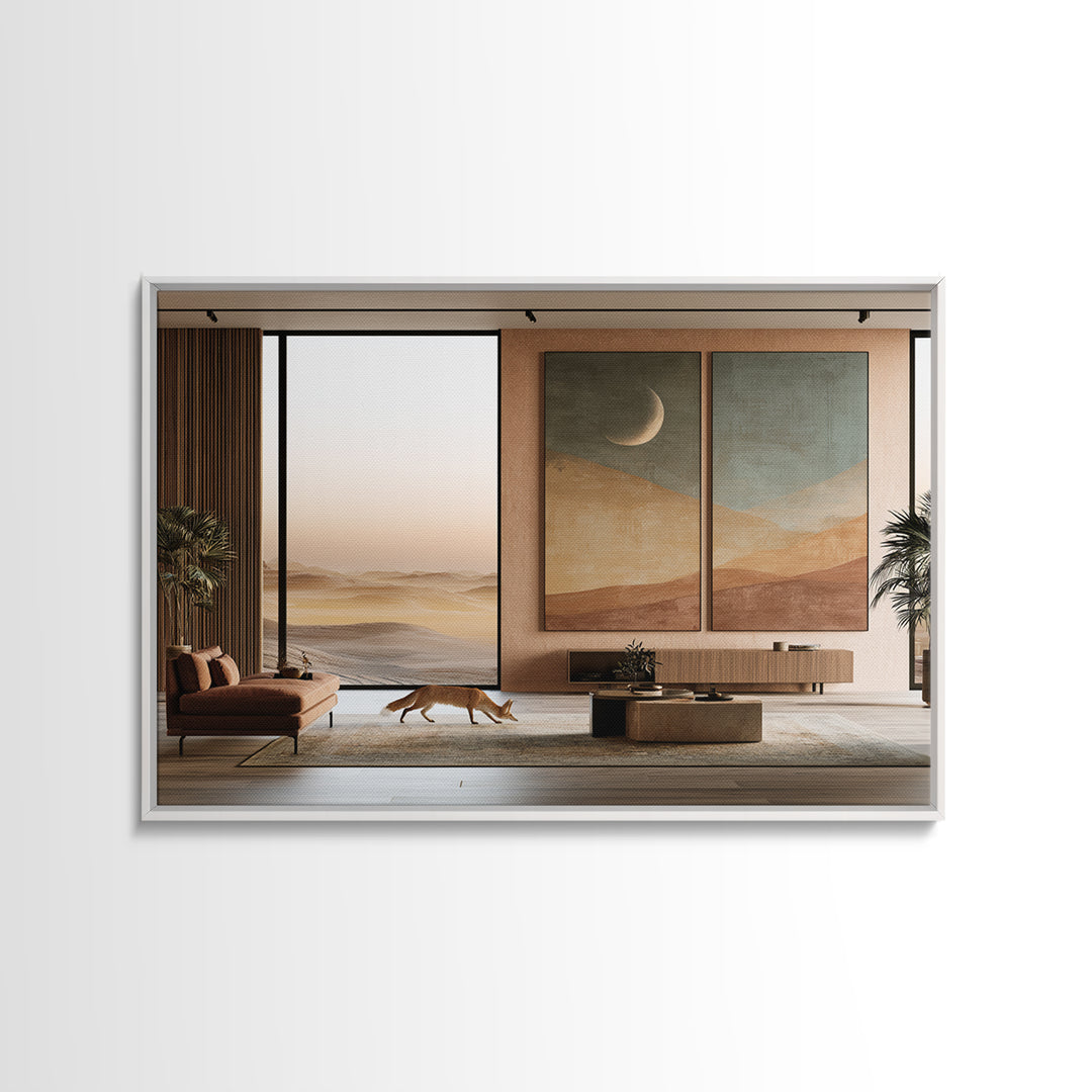 Desert Fox Beneath a Crescent Moon Canvas Print, Desert Art, Southwestern Decor, Oil Painting, Desert, Living Room Decor, DES-3x2-93