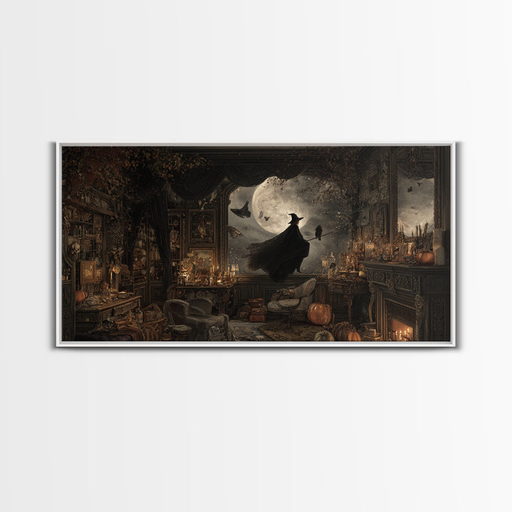 The Moonlit Witch, Wide Panoramic Art, Haunted Gothic Art, Framed Canvas Print, Halloween Wall Decor, Gothic Home Decor, Halloween Wall Art