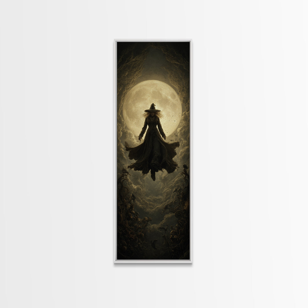 The Moonlit Witch, Tall Narrow Wall Art, Macabre Wall Art, Framed Canvas Print, Halloween Wall Decor, Gothic Home Decor, Halloween Wall Art