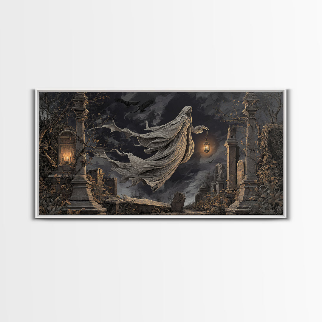 The Graveyard Ghost, Wide Panoramic Art, Gothic Horror Wall Art, Framed Canvas Print, Halloween Wall Decor, Gothic Home Decor