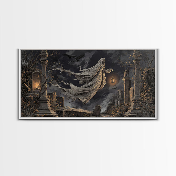 The Graveyard Ghost, Wide Panoramic Art, Gothic Horror Wall Art, Framed Canvas Print, Halloween Wall Decor, Gothic Home Decor