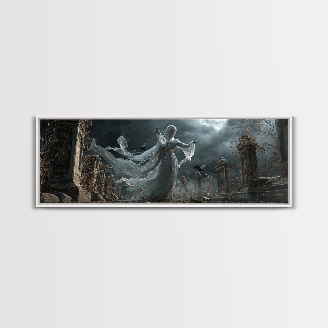 The Graveyard Ghost, Extra Wide Wall Art, Macabre Wall Art, Framed Canvas Print, Halloween Wall Decor, Gothic Home Decor