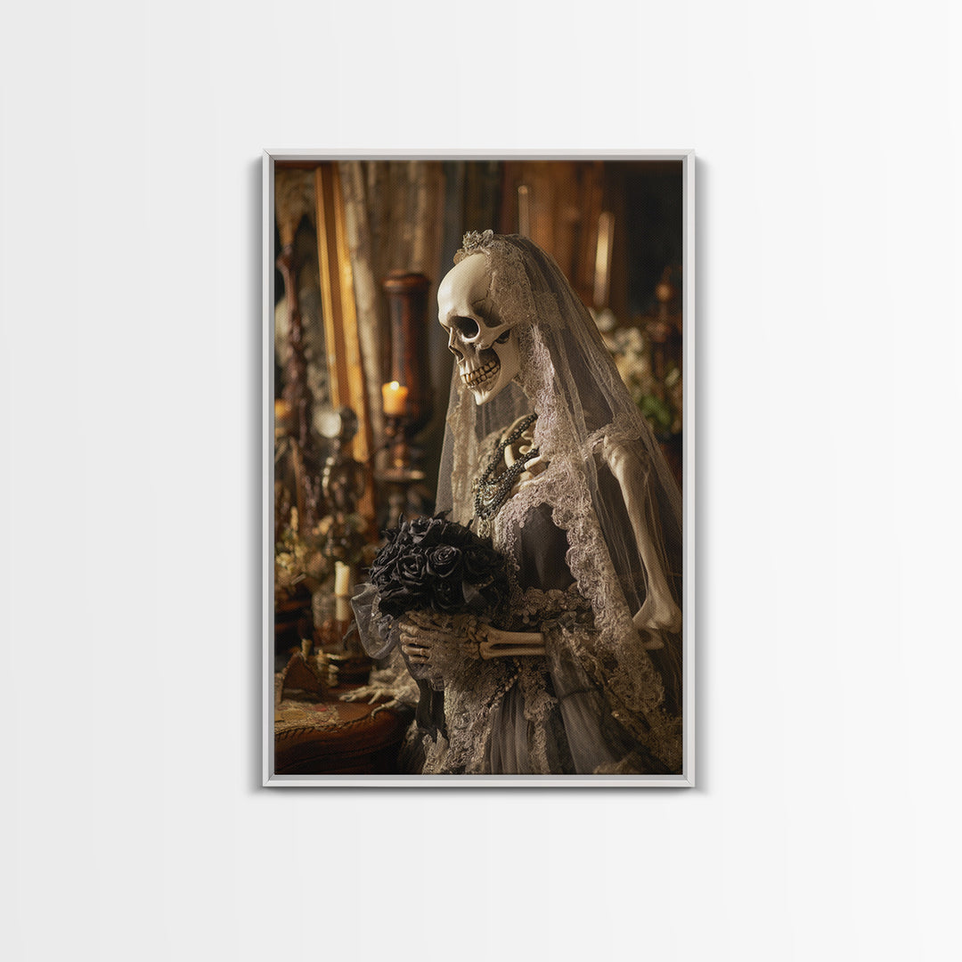 The Skeletal Bride, Vertical Wall Art, Macabre Wall Art, Framed Canvas Print, Halloween Wall Decor, Gothic Home Decor, Spooky Wall Decor