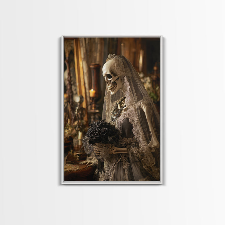 The Skeletal Bride, Vertical Wall Art, Macabre Wall Art, Framed Canvas Print, Halloween Wall Decor, Gothic Home Decor, Spooky Wall Decor
