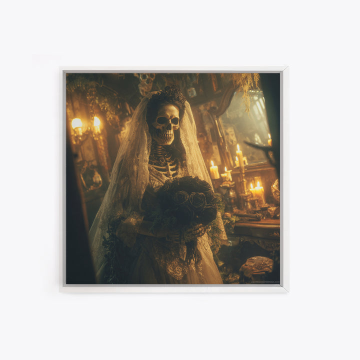 The Skeletal Bride, Square Wall Art, Haunted Gothic Art, Framed Canvas Print, Halloween Wall Decor, Gothic Home Decor, Macabre Wall Art