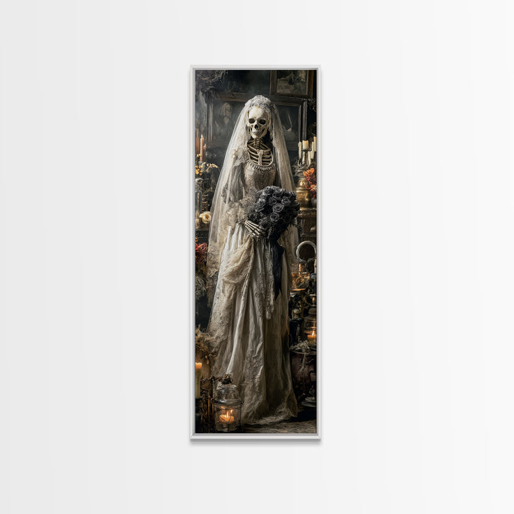 The Skeletal Bride, Tall Narrow Wall Art, Macabre Wall Art, Framed Canvas Print, Halloween Wall Decor, Gothic Home Decor, Halloween Decor
