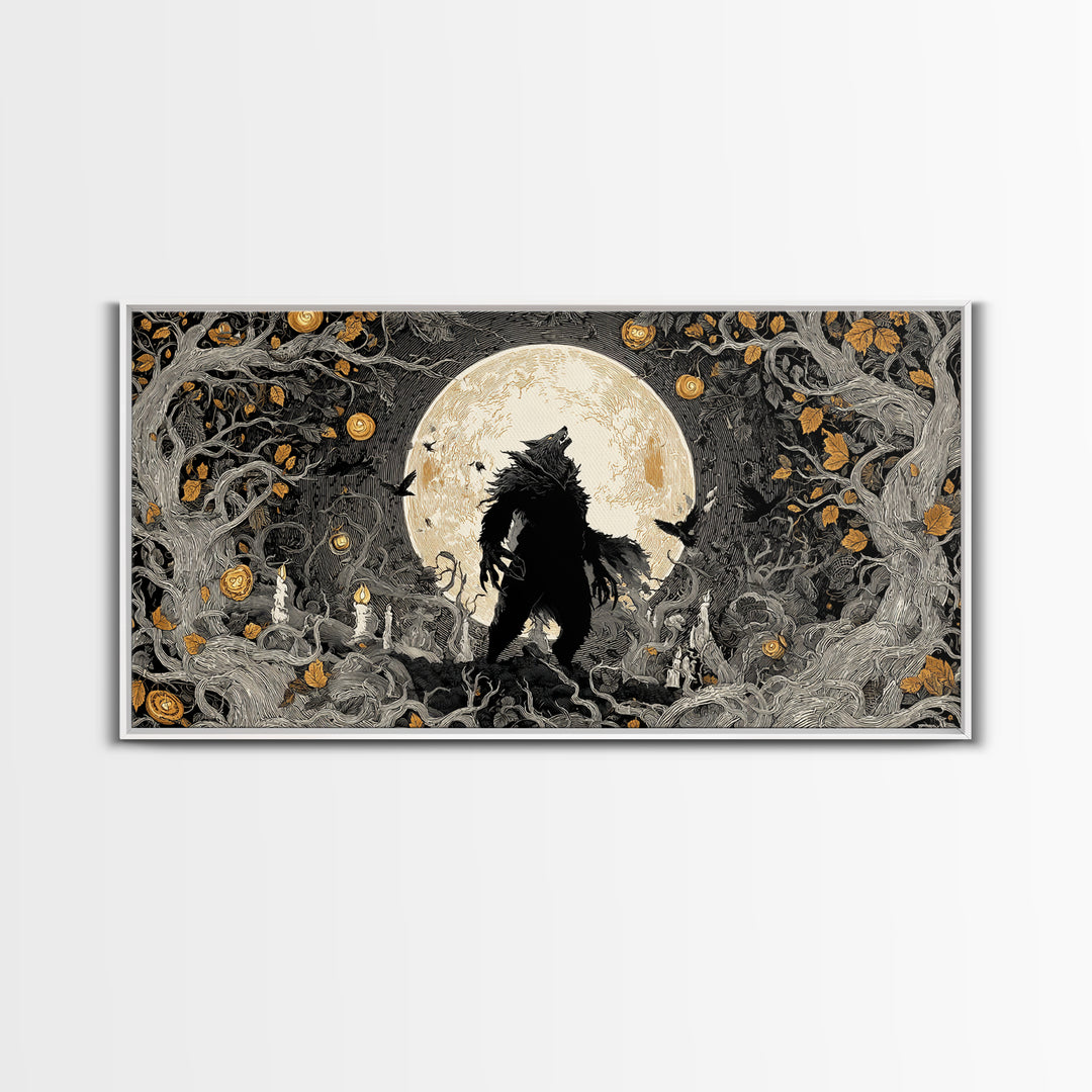 The Moon-Cursed Werewolf, Wide Panoramic Art, Macabre Wall Art, Framed Canvas Print, Halloween Wall Decor, Gothic Home Decor