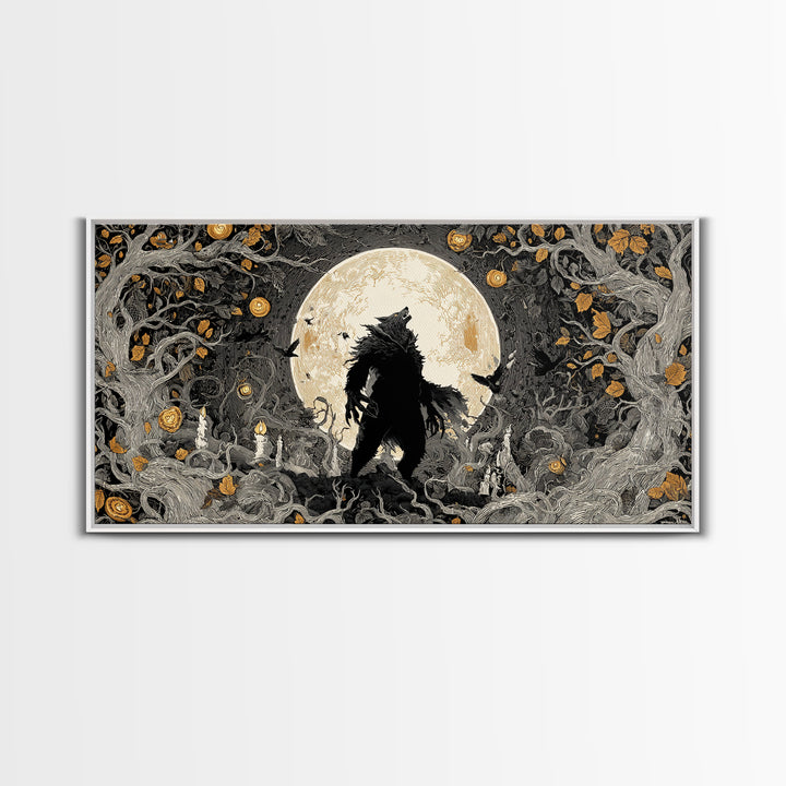 The Moon-Cursed Werewolf, Wide Panoramic Art, Macabre Wall Art, Framed Canvas Print, Halloween Wall Decor, Gothic Home Decor