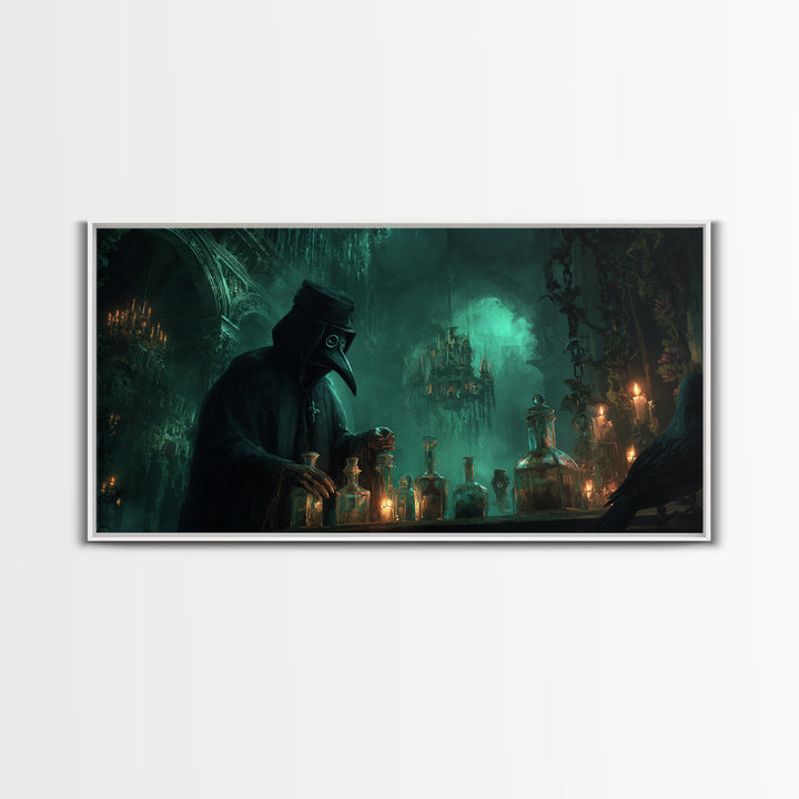 The Plague Doctor, Wide Panoramic Art, Macabre Wall Art, Framed Canvas Print, Halloween Wall Decor, Gothic Home Decor, Halloween Wall Art