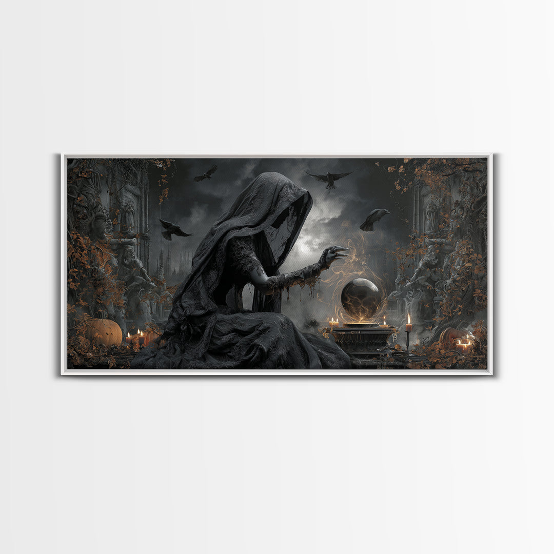 The Midnight Fortune Teller, Wide Panoramic Art, Macabre Wall Art, Framed Canvas Print, Halloween Wall Decor, Gothic Home Decor