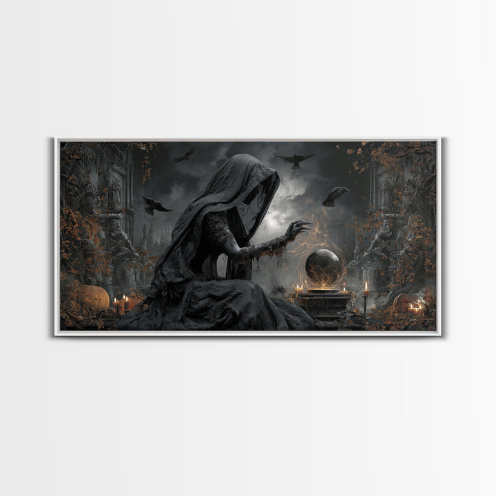 The Midnight Fortune Teller, Wide Panoramic Art, Macabre Wall Art, Framed Canvas Print, Halloween Wall Decor, Gothic Home Decor