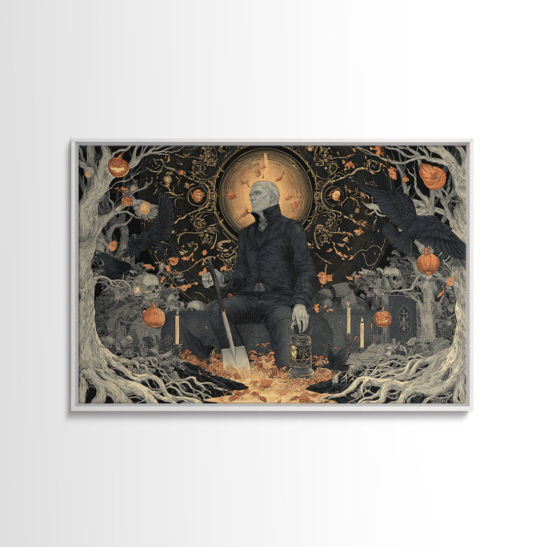 The Lantern Gravedigger, Landscape Wall Art, Gothic Horror Wall Art, Framed Canvas Print, Halloween Wall Decor, Gothic Home Decor