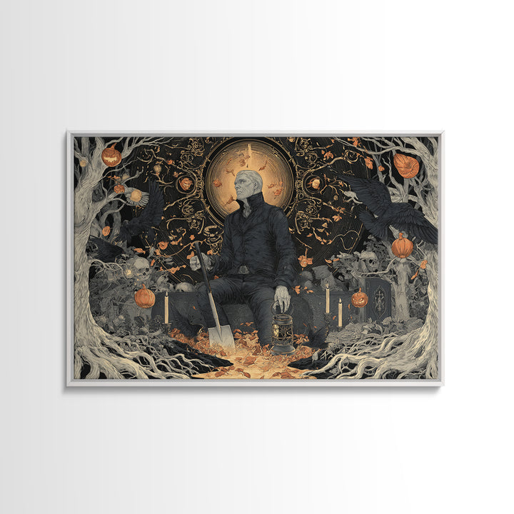 The Lantern Gravedigger, Landscape Wall Art, Gothic Horror Wall Art, Framed Canvas Print, Halloween Wall Decor, Gothic Home Decor