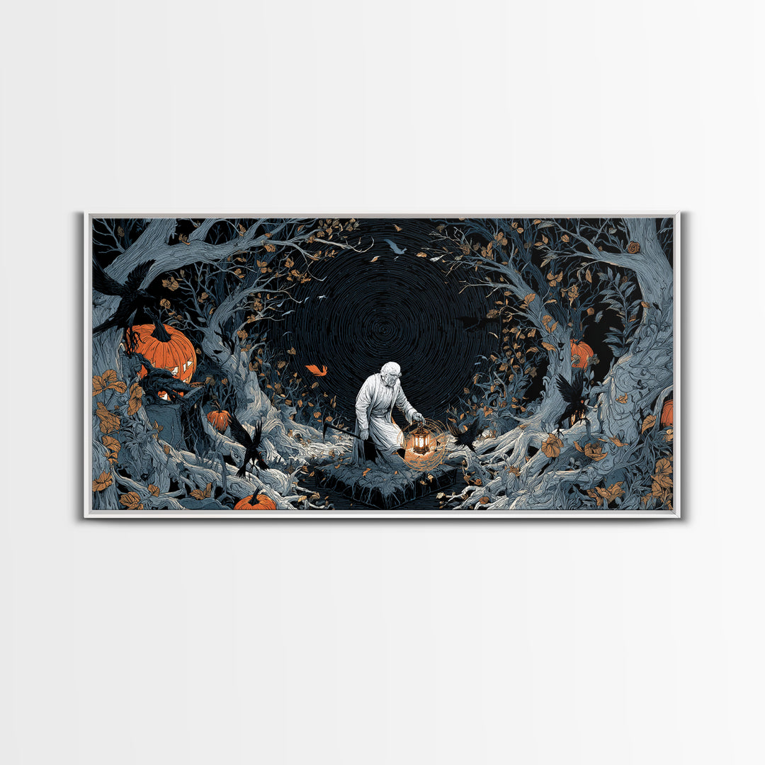 The Lantern Gravedigger, Wide Panoramic Art, Spooky Home Decor, Canvas Print, Halloween Wall Decor, Gothic Home Decor, Spooky Wall Decor