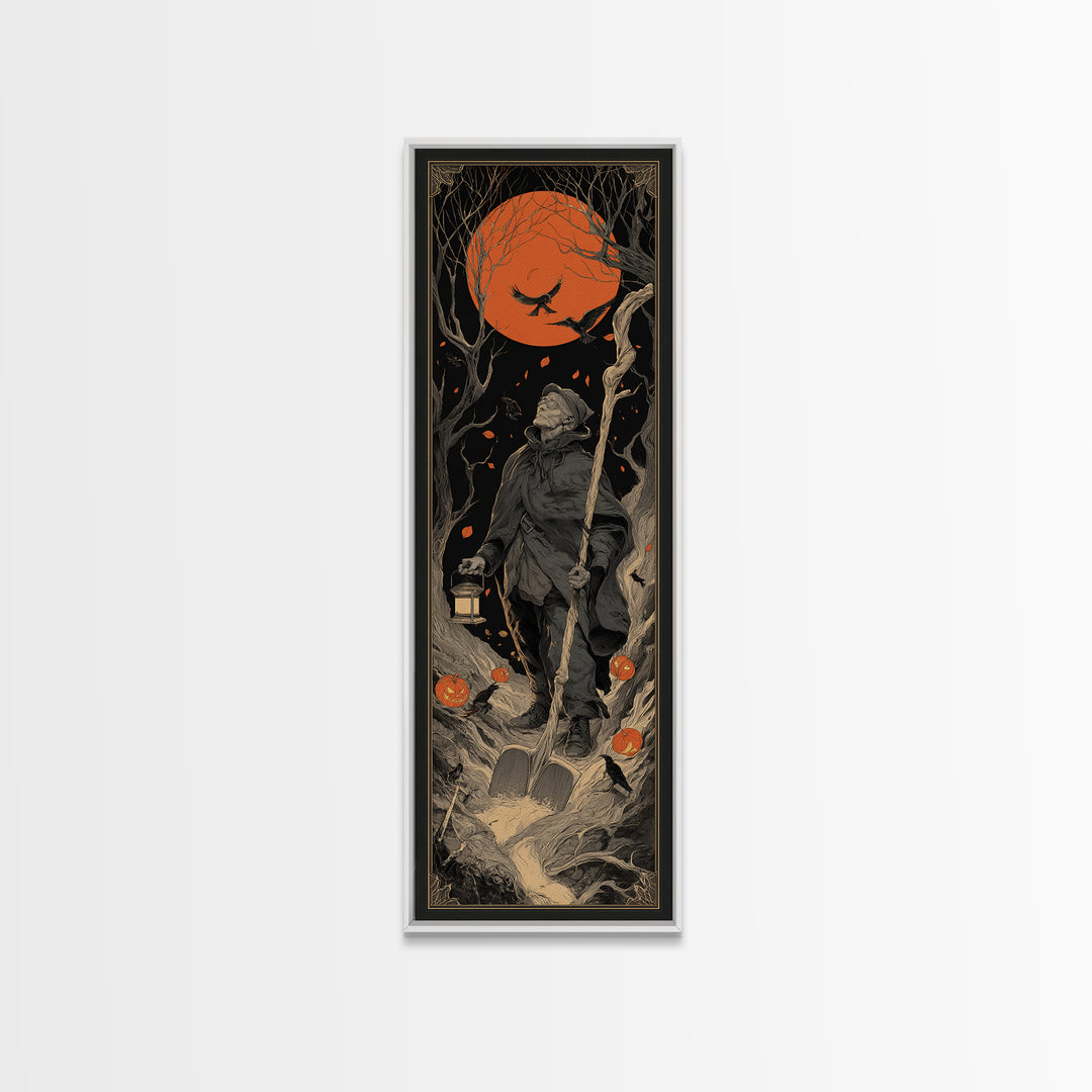 The Lantern Gravedigger, Tall Narrow Wall Art, Macabre Wall Art, Framed Canvas Print, Halloween Wall Decor, Gothic Home Decor
