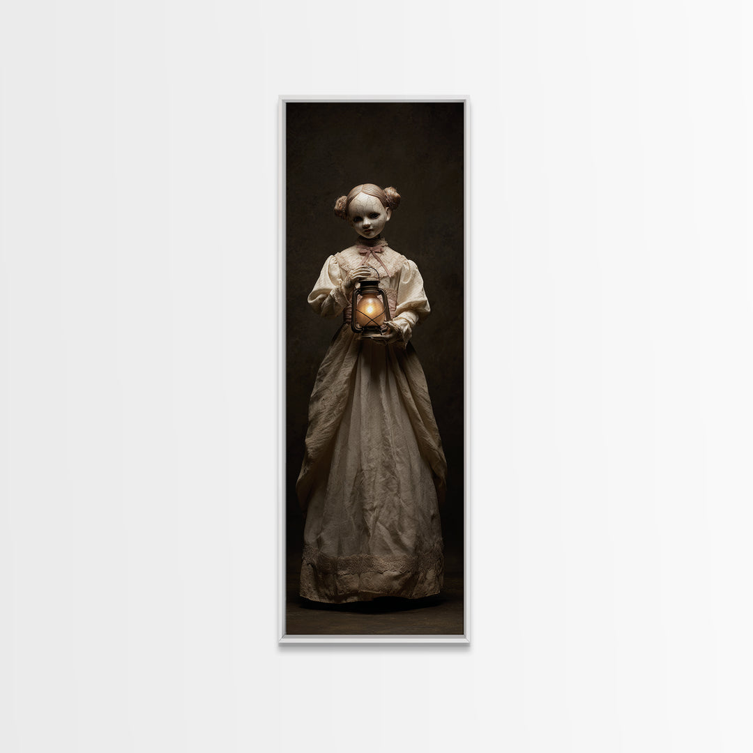 The Haunted Porcelain Doll, Tall Narrow Wall Art, Macabre Wall Art, Framed Canvas Print, Halloween Wall Decor, Gothic Home Decor