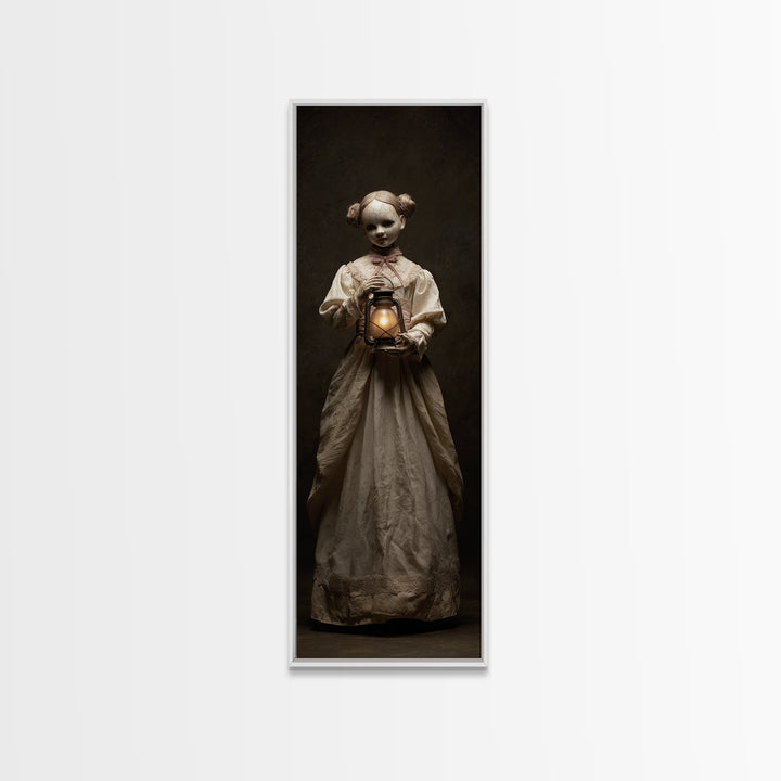 The Haunted Porcelain Doll, Tall Narrow Wall Art, Macabre Wall Art, Framed Canvas Print, Halloween Wall Decor, Gothic Home Decor