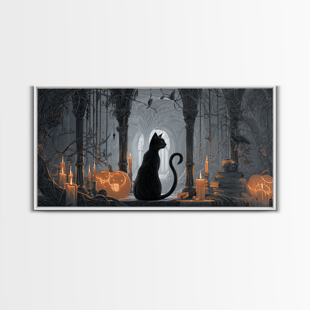 The Black Cat Familiar, Wide Panoramic Art, Haunted Gothic Art, Framed Canvas Print, Halloween Wall Decor, Gothic Home Decor