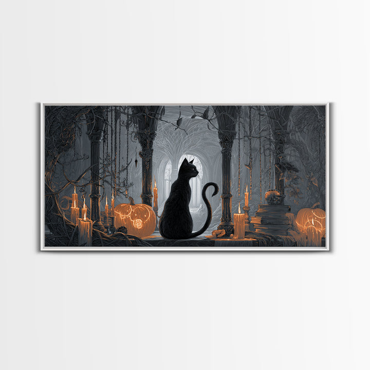 The Black Cat Familiar, Wide Panoramic Art, Haunted Gothic Art, Framed Canvas Print, Halloween Wall Decor, Gothic Home Decor