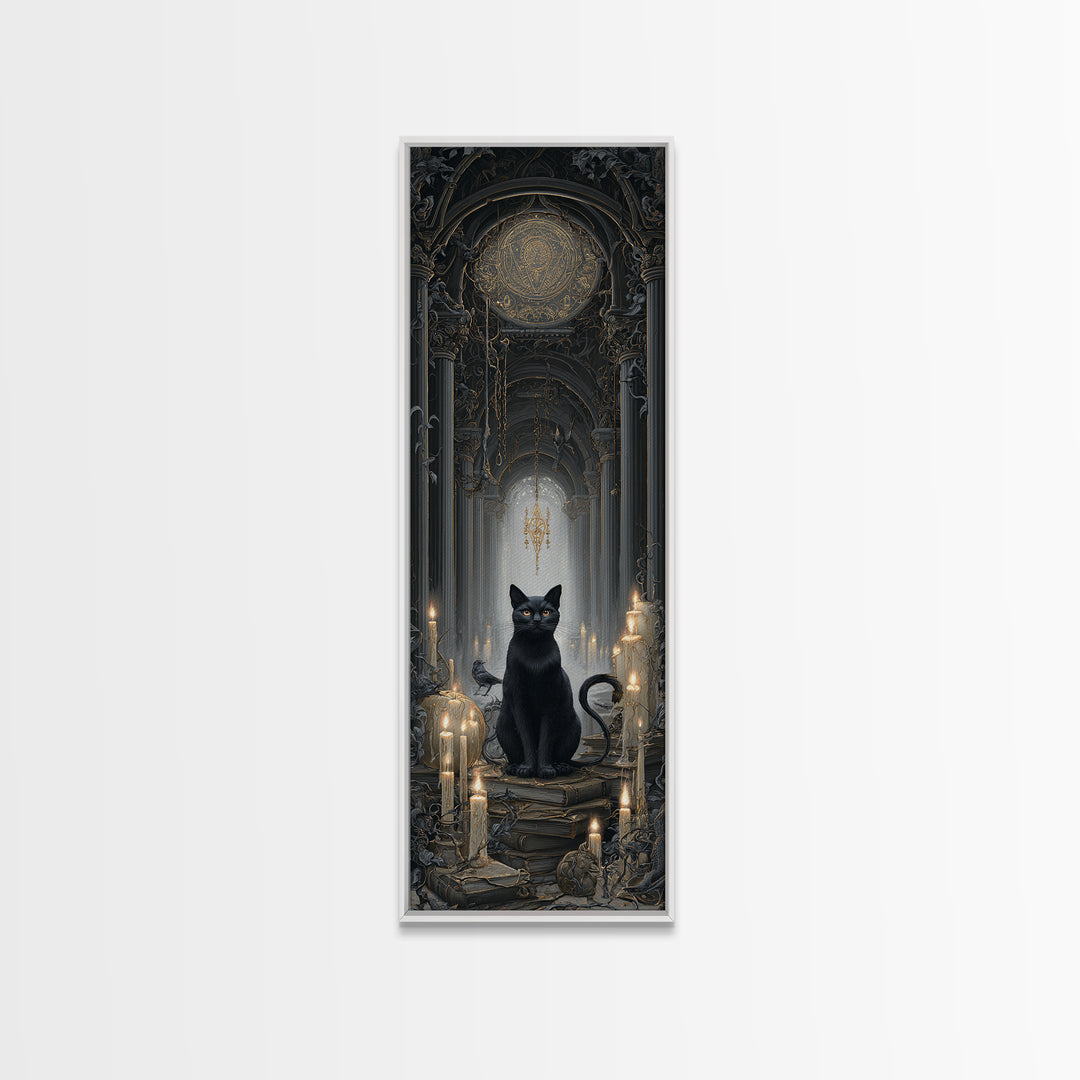 The Black Cat Familiar, Tall Narrow Wall Art, Dark Fantasy Wall Art, Canvas Print, Halloween Wall Decor, Gothic Home Decor
