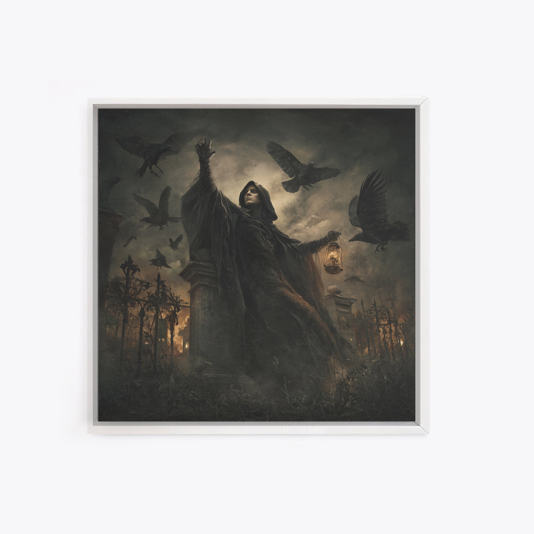 The Raven Keeper, Square Wall Art, Macabre Wall Art, Framed Canvas Print, Halloween Wall Decor, Gothic Home Decor, Halloween Wall Art
