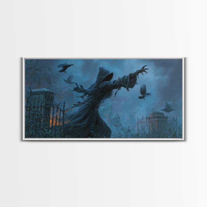 The Raven Keeper, Wide Panoramic Art, Dark Halloween Decor, Canvas Print, Halloween Wall Decor, Gothic Home Decor, Horror Wall Art