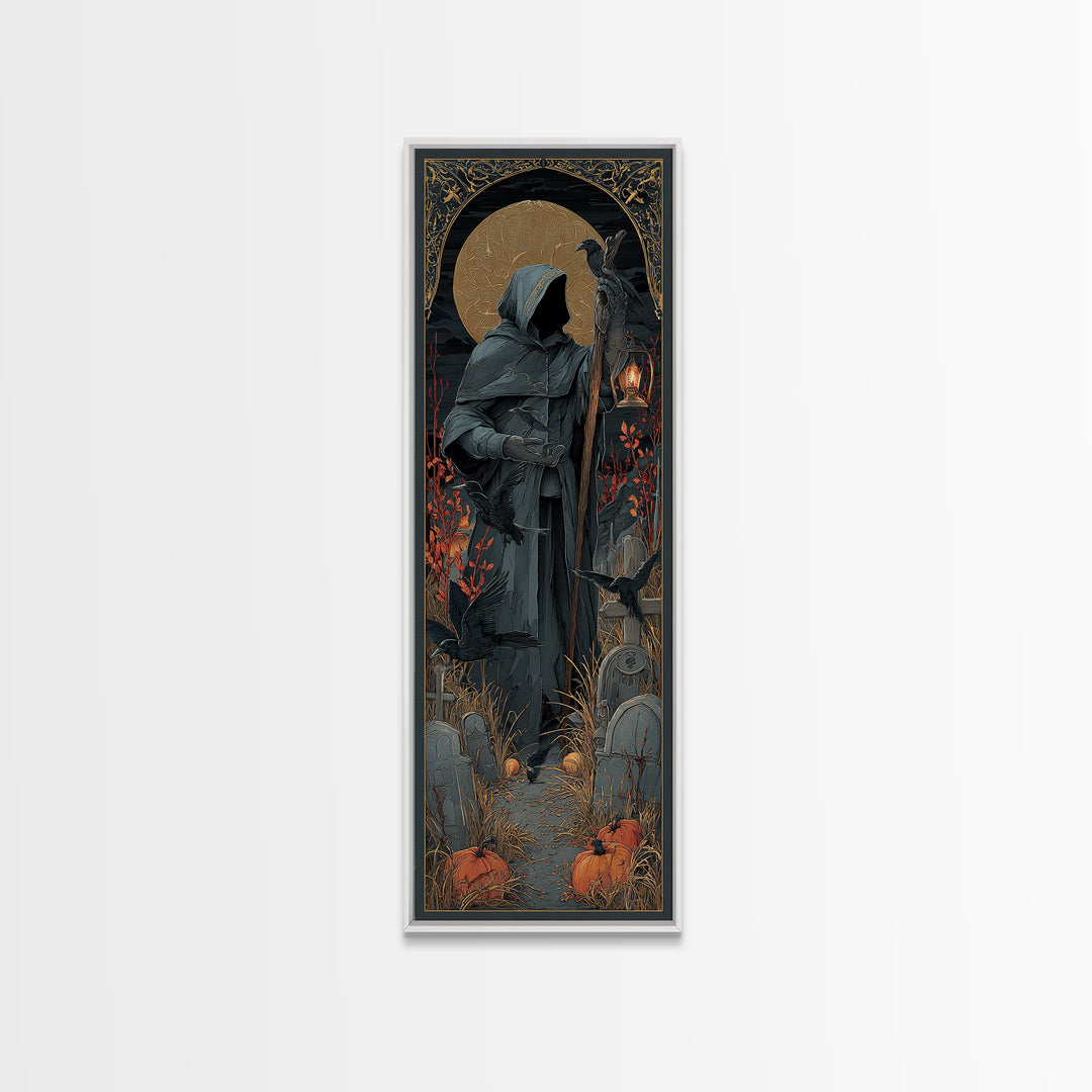 The Raven Keeper, Tall Narrow Wall Art, Haunted Gothic Art, Framed Canvas Print, Halloween Wall Decor, Gothic Home Decor, Halloween Wall Art