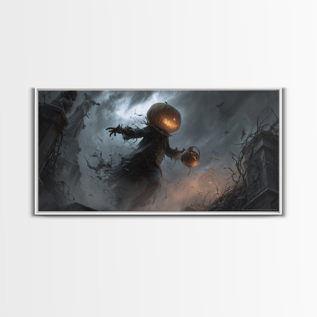 The Pumpkin-Headed Child, Wide Panoramic Art, Gothic Horror Wall Art, Framed Canvas Print, Halloween Wall Decor, Gothic Home Decor