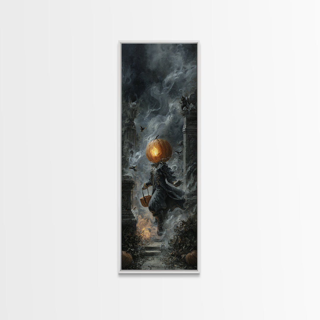 The Pumpkin-Headed Child, Tall Narrow Wall Art, Haunted Gothic Art, Framed Canvas Print, Halloween Wall Decor, Gothic Home Decor