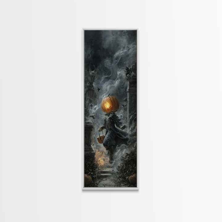 The Pumpkin-Headed Child, Tall Narrow Wall Art, Haunted Gothic Art, Framed Canvas Print, Halloween Wall Decor, Gothic Home Decor