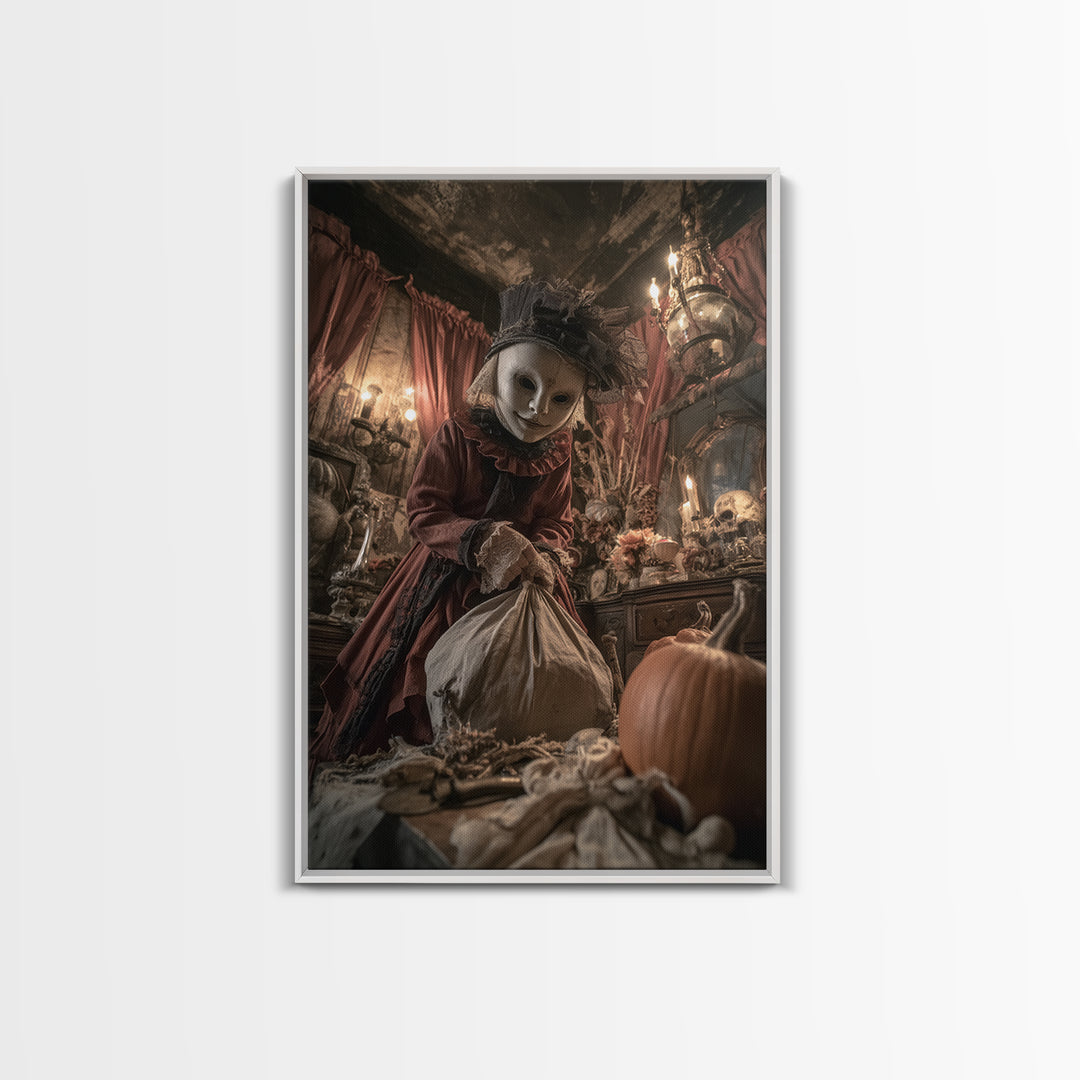 The Masked Candy Collector, Vertical Wall Art, Spooky Home Decor, Canvas Print, Halloween Wall Decor, Gothic Home Decor, Spooky Wall Decor