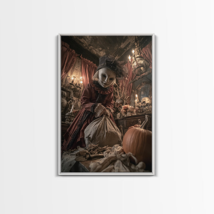 The Masked Candy Collector, Vertical Wall Art, Spooky Home Decor, Canvas Print, Halloween Wall Decor, Gothic Home Decor, Spooky Wall Decor