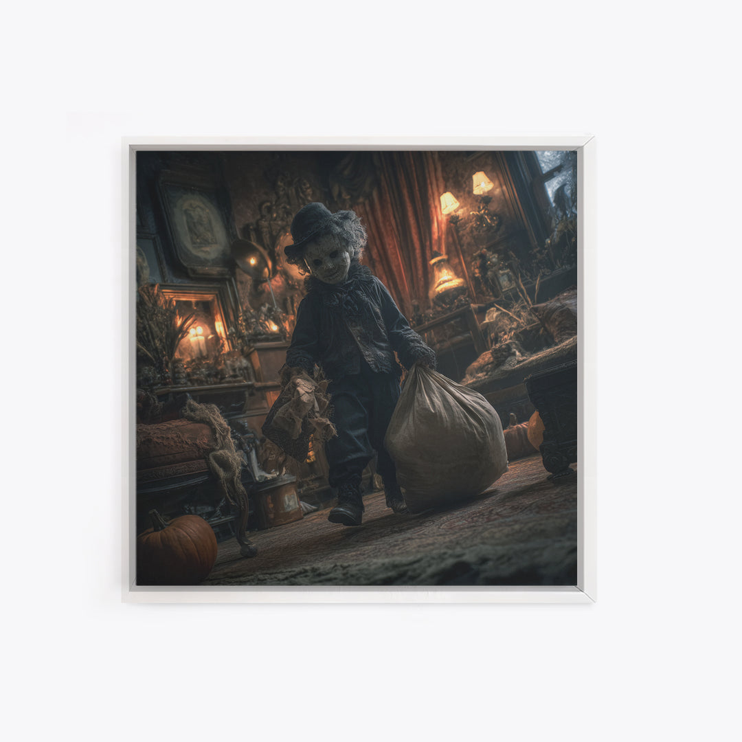 The Masked Candy Collector, Square Wall Art, Macabre Wall Art, Framed Canvas Print, Halloween Wall Decor, Gothic Home Decor