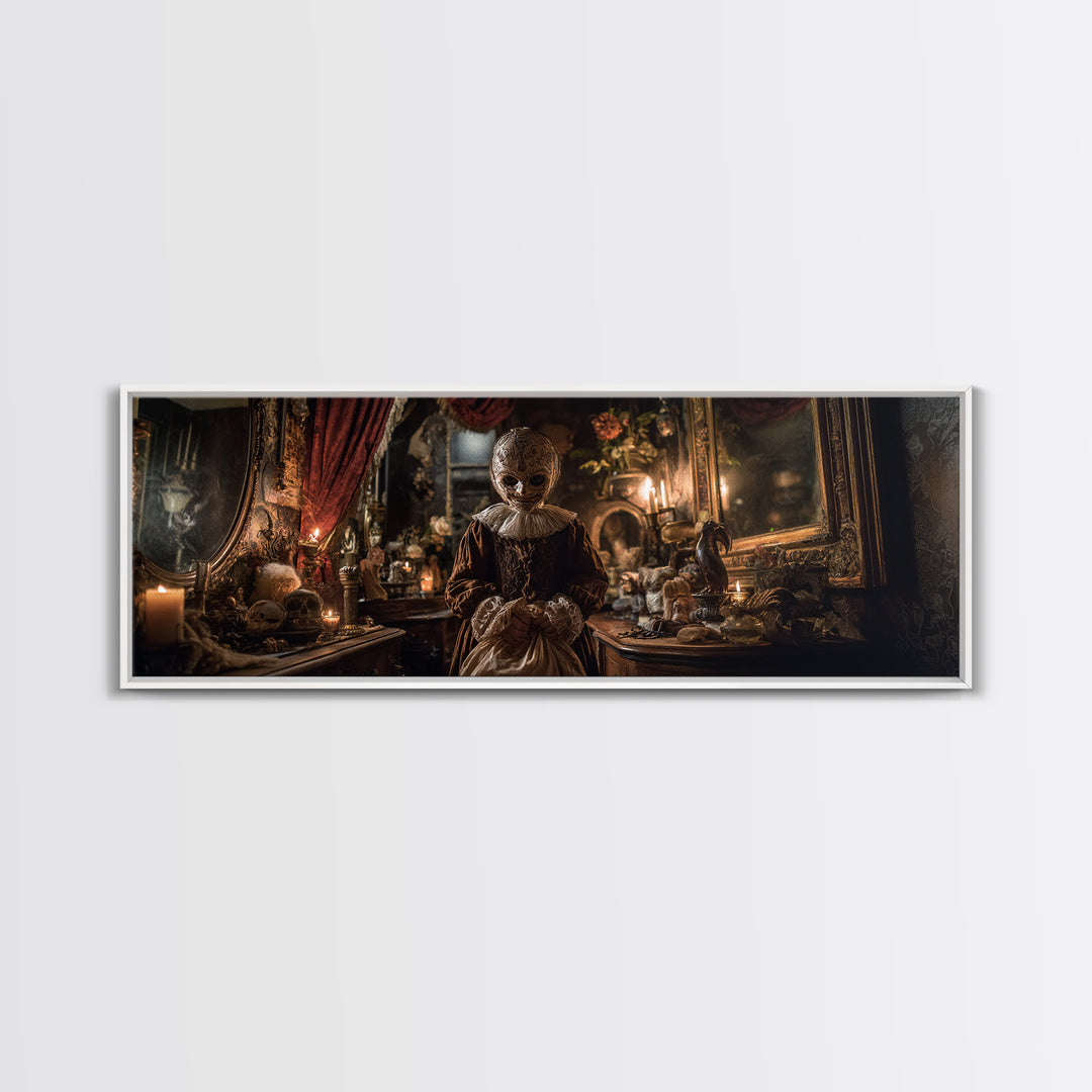 The Masked Candy Collector, Extra Wide Wall Art, Macabre Wall Art, Framed Canvas Print, Halloween Wall Decor, Gothic Home Decor