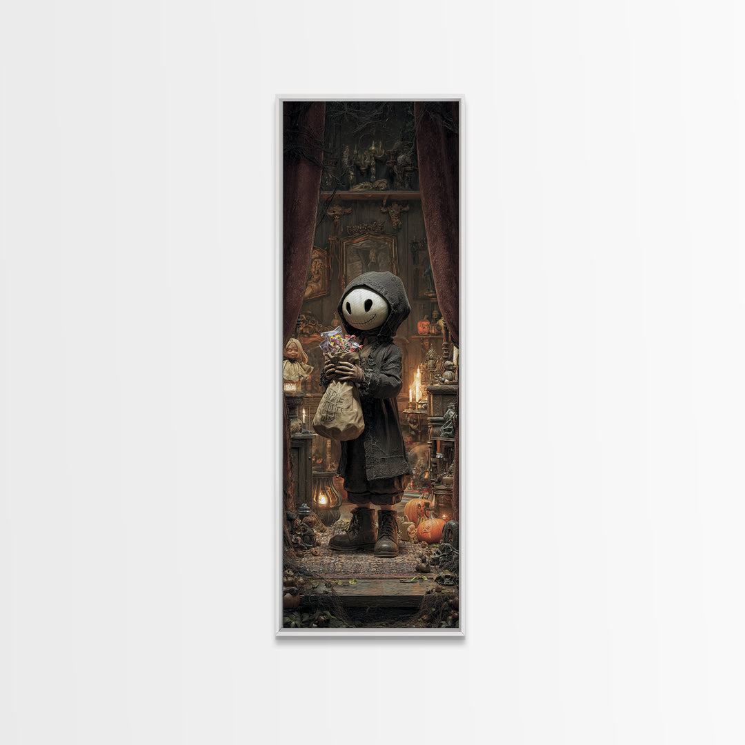 The Masked Candy Collector, Tall Narrow Wall Art, Spooky Home Decor, Canvas Print, Halloween Wall Decor, Gothic Home Decor, Horror Wall Art