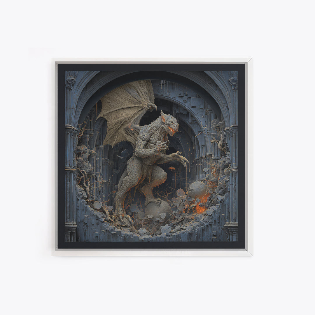 The Gargoyle Sentinel, Square Wall Art, Haunted Gothic Art, Framed Canvas Print, Halloween Wall Decor, Gothic Home Decor, Statement Wall Art