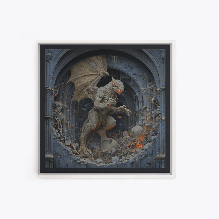 The Gargoyle Sentinel, Square Wall Art, Haunted Gothic Art, Framed Canvas Print, Halloween Wall Decor, Gothic Home Decor, Statement Wall Art