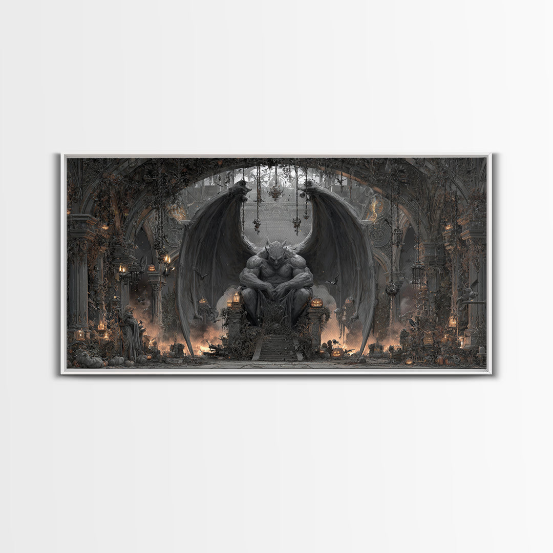 The Gargoyle Sentinel, Wide Panoramic Art, Gothic Horror Wall Art, Framed Canvas Print, Halloween Wall Decor, Gothic Home Decor