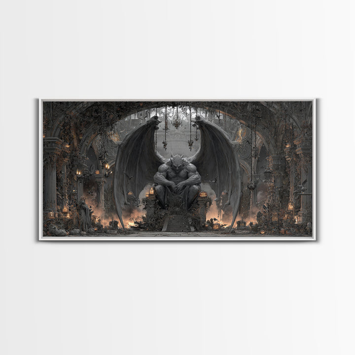 The Gargoyle Sentinel, Wide Panoramic Art, Gothic Horror Wall Art, Framed Canvas Print, Halloween Wall Decor, Gothic Home Decor