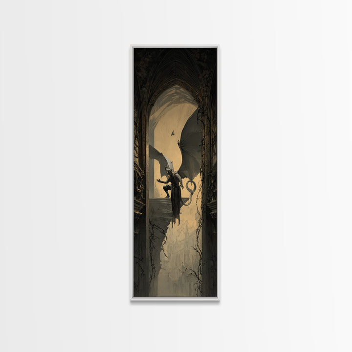 The Gargoyle Sentinel, Tall Narrow Wall Art, Dark Halloween Decor, Canvas Print, Halloween Wall Decor, Gothic Home Decor, Dark Fantasy Art