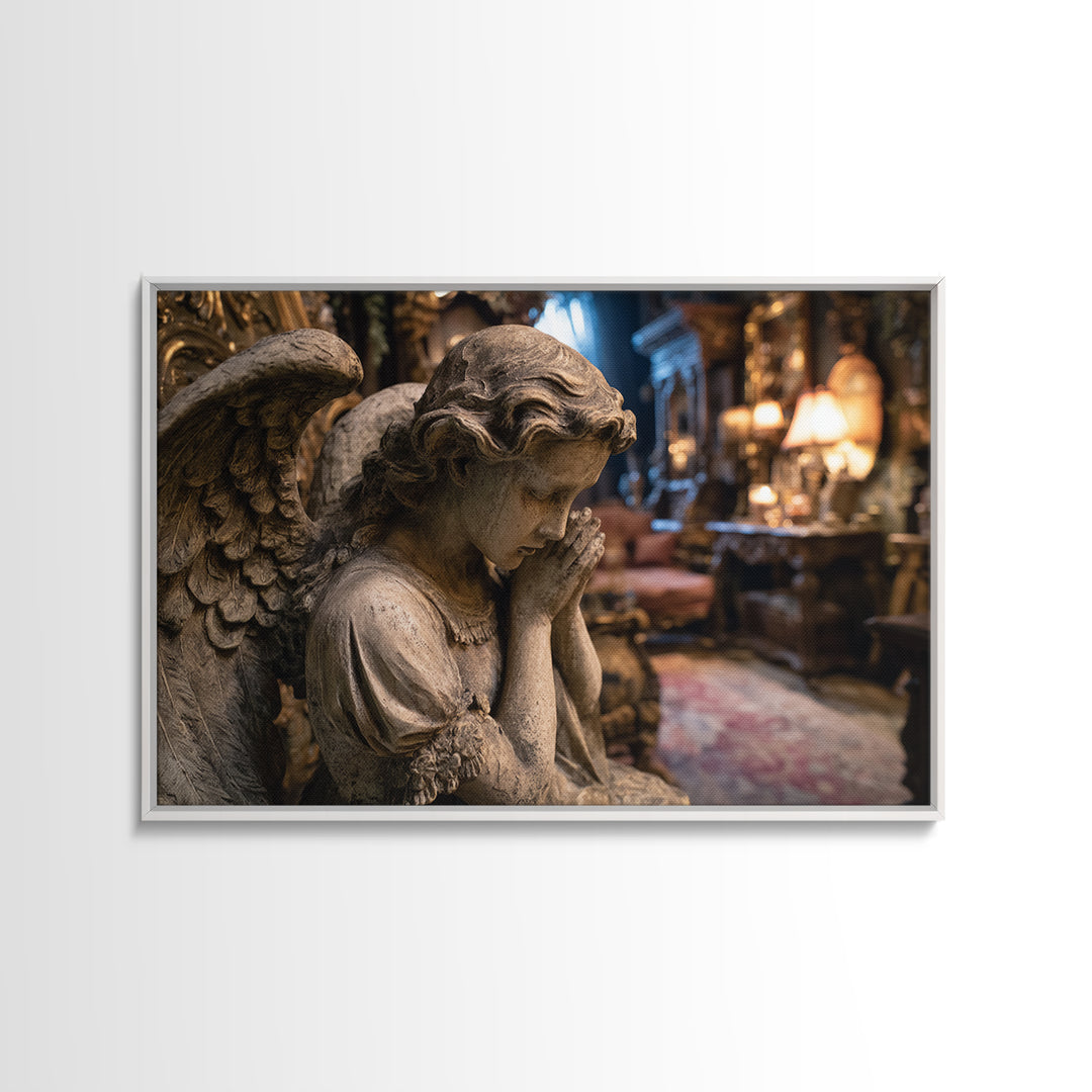 The Weeping Cemetery Angel, Landscape Wall Art, Haunted Gothic Art, Framed Canvas Print, Halloween Wall Decor, Gothic Home Decor