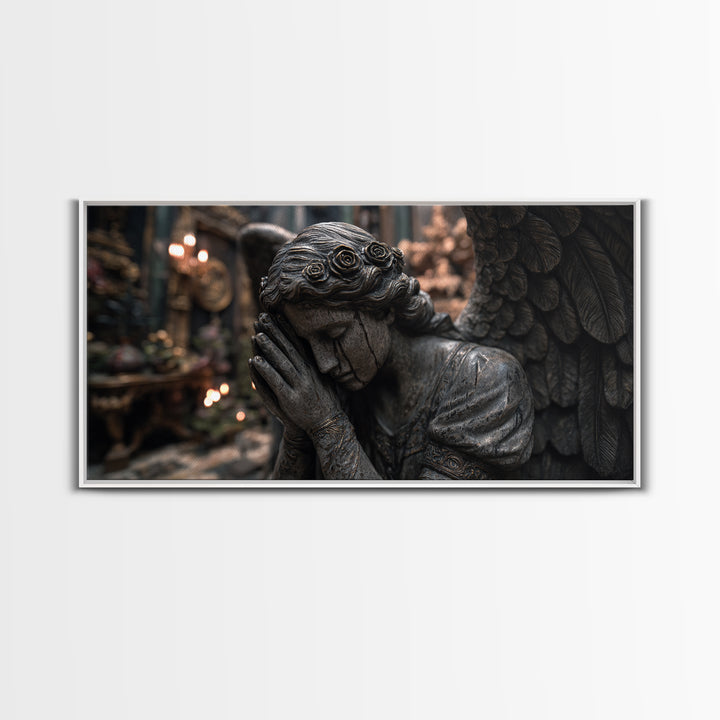 The Weeping Cemetery Angel, Wide Panoramic Art, Dark Fantasy Wall Art, Canvas Print, Halloween Wall Decor, Gothic Home Decor