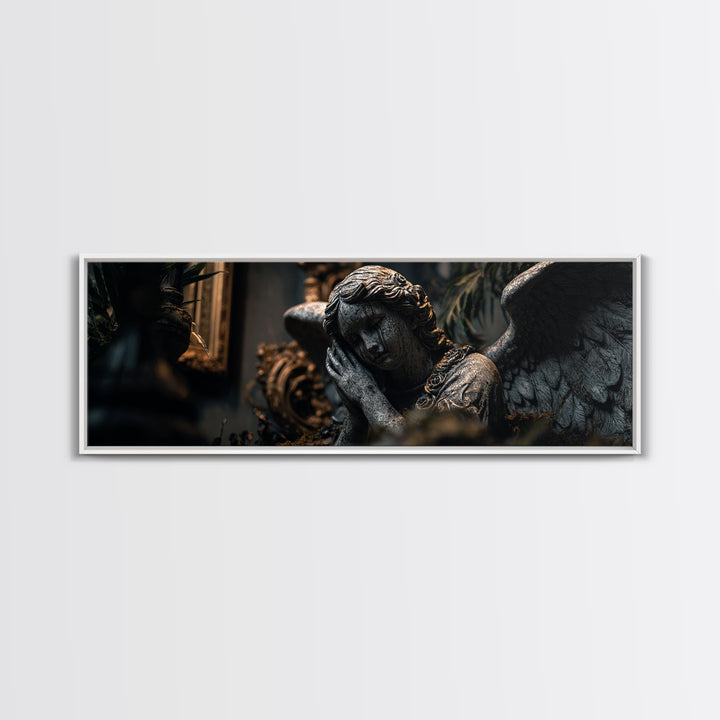 The Weeping Cemetery Angel, Extra Wide Wall Art, Macabre Wall Art, Framed Canvas Print, Halloween Wall Decor, Gothic Home Decor