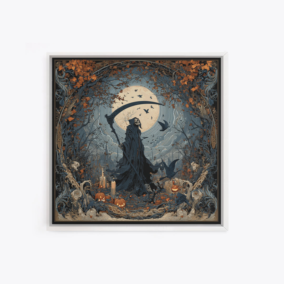 The Fog-Bound Reaper, Square Wall Art, Macabre Wall Art, Framed Canvas Print, Halloween Wall Decor, Gothic Home Decor, Horror Wall Art