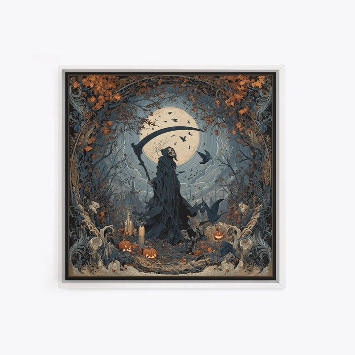 The Fog-Bound Reaper, Square Wall Art, Macabre Wall Art, Framed Canvas Print, Halloween Wall Decor, Gothic Home Decor, Horror Wall Art