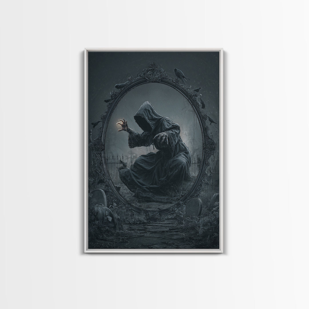 The Mirror Spirit, Vertical Wall Art, Gothic Horror Wall Art, Framed Canvas Print, Halloween Wall Decor, Gothic Home Decor, Macabre Wall Art
