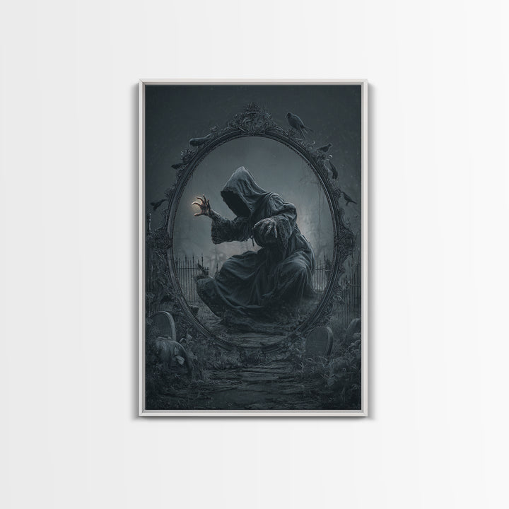 The Mirror Spirit, Vertical Wall Art, Gothic Horror Wall Art, Framed Canvas Print, Halloween Wall Decor, Gothic Home Decor, Macabre Wall Art