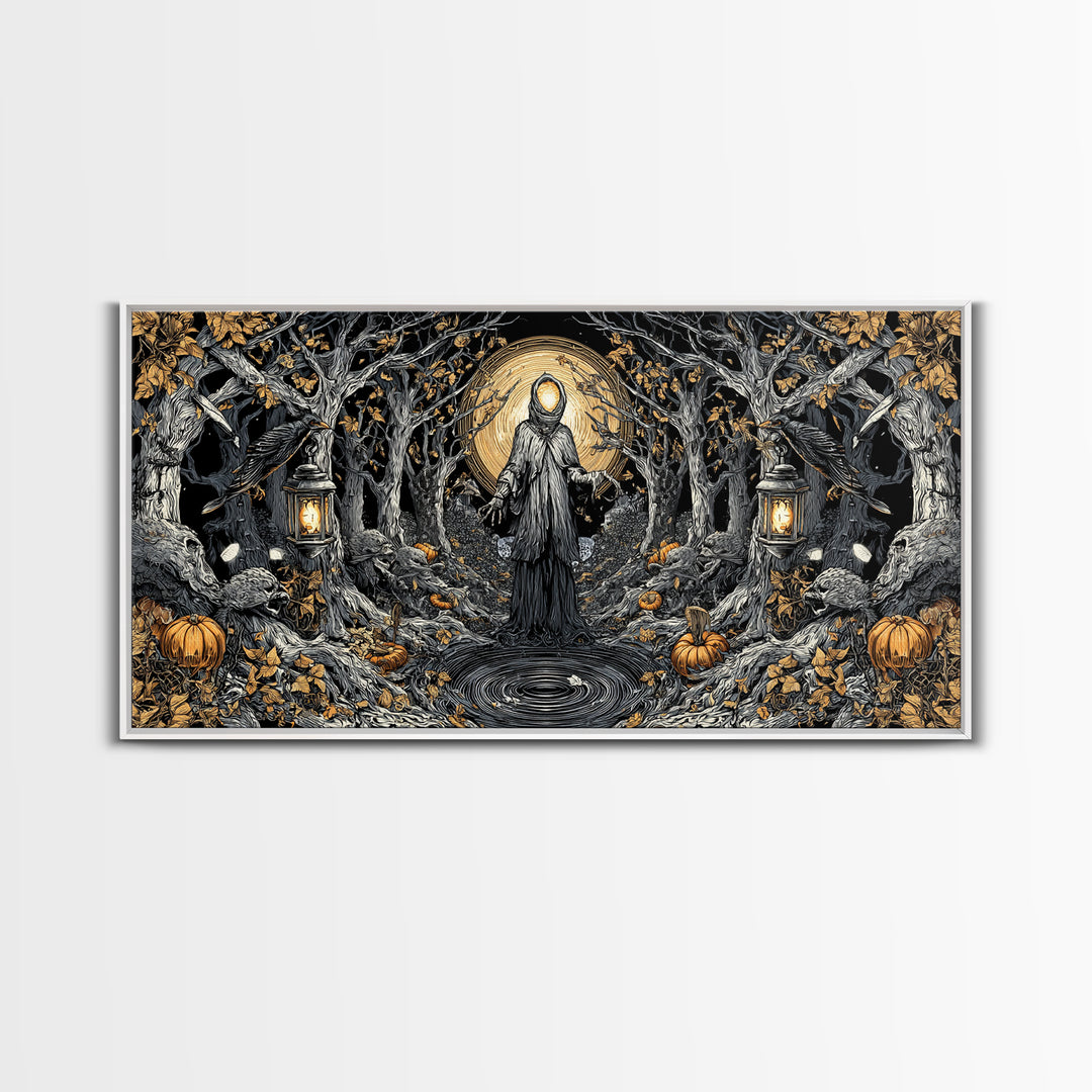 The Lantern Specter, Wide Panoramic Art, Gothic Horror Wall Art, Framed Canvas Print, Halloween Wall Decor, Gothic Home Decor
