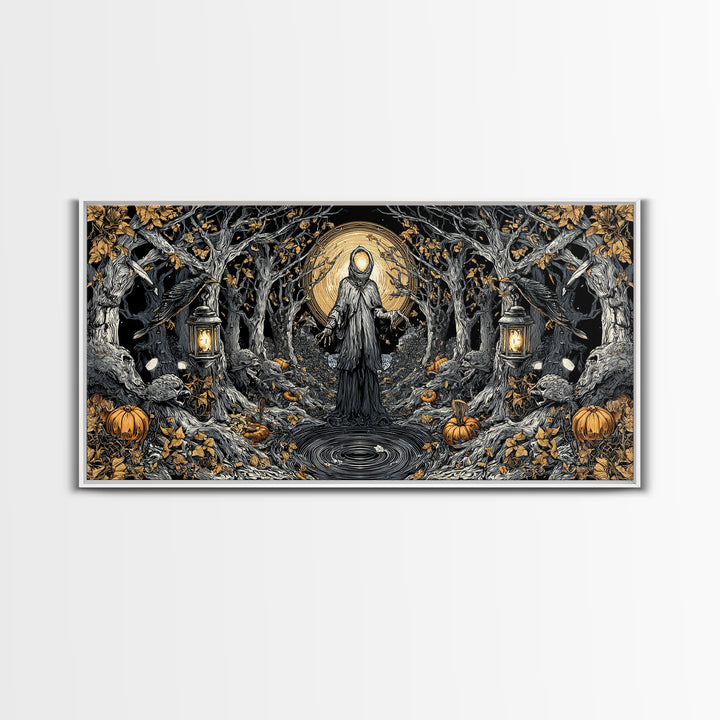 The Lantern Specter, Wide Panoramic Art, Gothic Horror Wall Art, Framed Canvas Print, Halloween Wall Decor, Gothic Home Decor