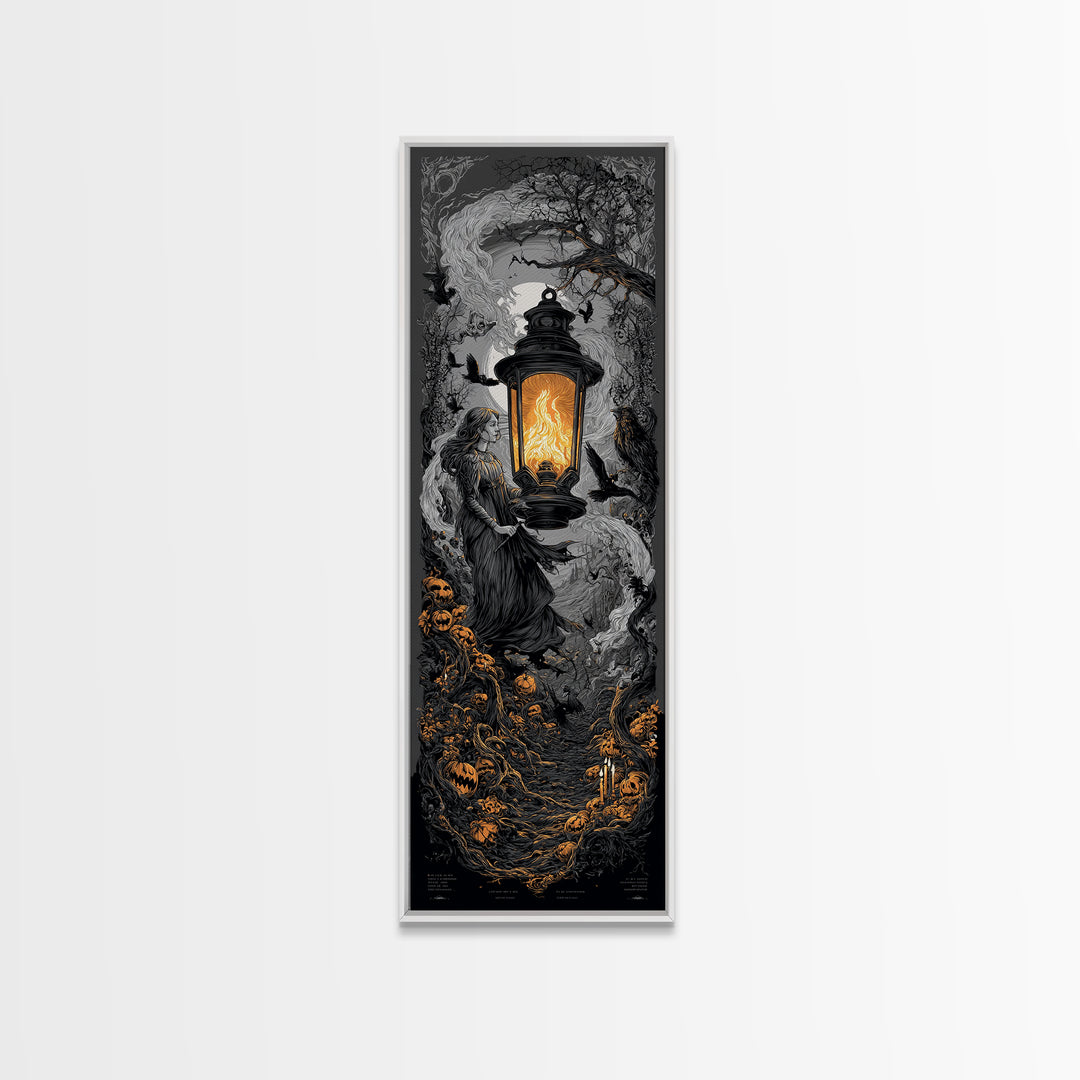 The Lantern Specter, Tall Narrow Wall Art, Haunted Gothic Art, Framed Canvas Print, Halloween Wall Decor, Gothic Home Decor